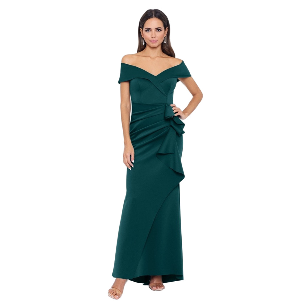 Xscape Off Shoulder Emerald Green Ruched Gown